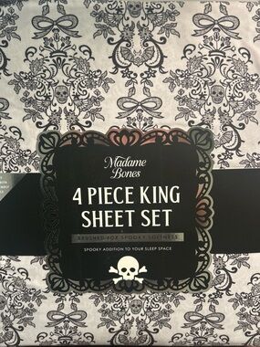 Madame Bones King Sheet Set 4pc Gothic Skull Bat Damask Black Gray Halloween